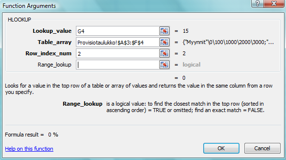 Excel 2007 Funktiot 11 Vaakasuuntainen haku HLOOKUP, VHAKU Haetaan Myynnit-taulun Provisio-sarakkeeseen Provisio-taulusta kullekin myyjälle myyntiä vastaava provisio-%.