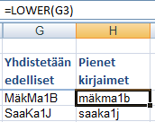 Excel 2007 Funktiot 14 Kirjainkoon vaihtaminen Pienet ja isot kirjaimet (LOWER, UPPER) LOWER (PIENET) funktiolla kirjainkoon voi vaihtaa pieneksi.