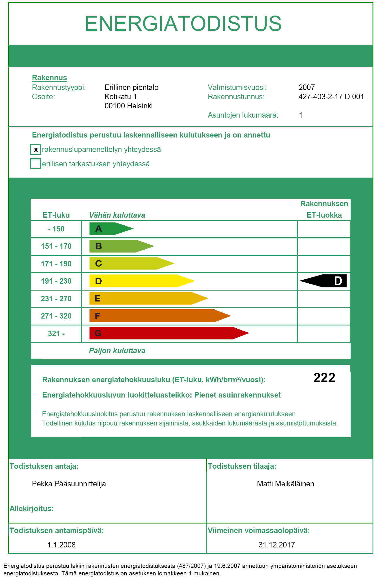 Rakennusten energiatodistus Kertoo rakennuksen energiatehokkuuden verrattuna muihin vastaaviin rakennuksiin Energiatehokkuus osto- ja