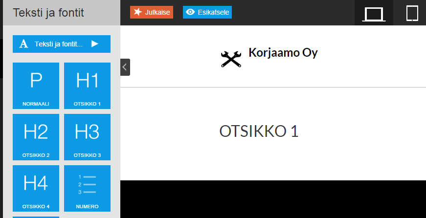 Teksti lisätään sivulle tapaan, joka on kuvattu kappaleessa Sisällön lisääminen sivulle. Aloita esimerkiksi otsikon lisäämisellä.