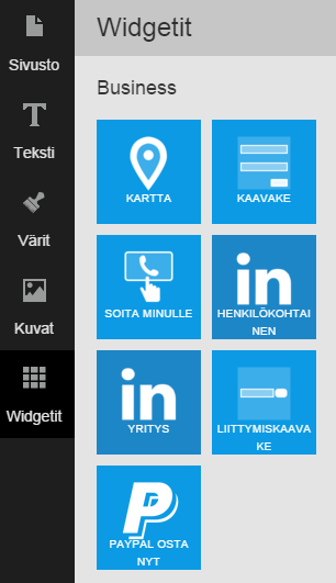 Aloita Widgettien lisääminen siirtymällä välilehdelle Widgetit Widgetit siirretään verkkosivuille täysin samalla tavalla, kuin kuvat ja tekstielementit.