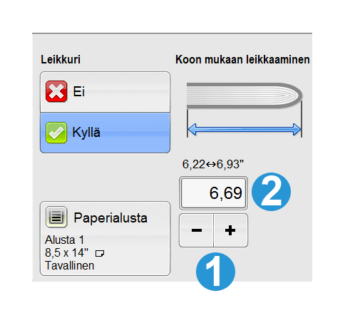 SquareFold-leikkuri 1. Muuta leikkausasetusta nuolipainikkeilla. Säätöväli on 0,1 mm. 2. Leikkausasetukseen vaikuttavat vihkon sivumäärä vihkon leveys (esim. 210 mm tai 149 mm) paperin tyyppi (esim.