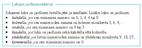 9. Monikerrat ja jaollisuus Luvun monikerta saadaan, kun luku kerotaan luonnollisella luvulla. Monikerroista muodostuu kyseisen luvun kertotaulu. Esimerkki. Luvun monikertoja ovat,, 6, 8, 0,,.