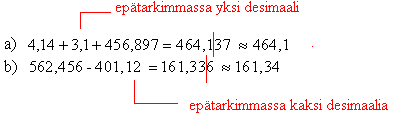 7. Lasketaan desimaaliluvuilla, pyöristyssäännöt Kun lasketaan desimaaliluvuilla, on tulosten tarkkuuteen kiinnitettävä erityistä huomiota.