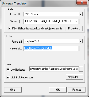 60 Digiroad K -tiedostojen käsittely MapInfossa Digiroad K -tiedostot voidaan kääntää MapInfon omaan muotoon Universal Translatorin avulla, joka avataan MapInfon Työkalut-valikosta (Tools).