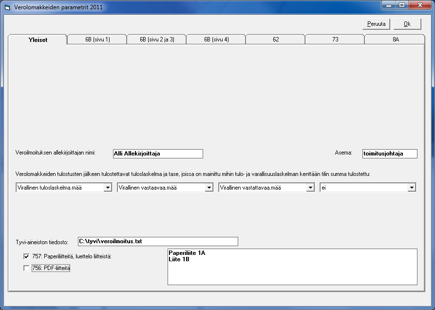 5.7.2. Verolomakkeiden parametrit (2012) Valinta päävalikosta: Ylläpidot Verolomakkeiden parametrit Tässä määritellään verolomakkeiden ja konekielisen tyvi-aineiston parametrit.