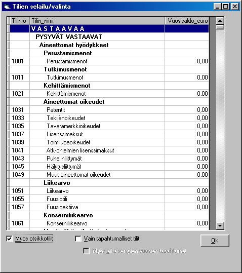 16.3. Selaushaku nimellä Kun tilinumeroa kysytään, Shift+F6:lla saadaan tilejä selailtua taulumuodossa, jos painetaan pelkästään F6-näppäintä, saadaan tilien selausruutu: Selaukseen voidaan valita