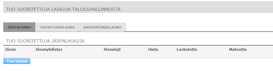 18.12.2014 7 (8) Mene takaisin Kuksaan (vaikka lukeekin (vielä) Kiltaan). Mene yläpalkista Laskutus välilehdelle ja paina Tuo suoritettuja laskuja taloushallinnasta.