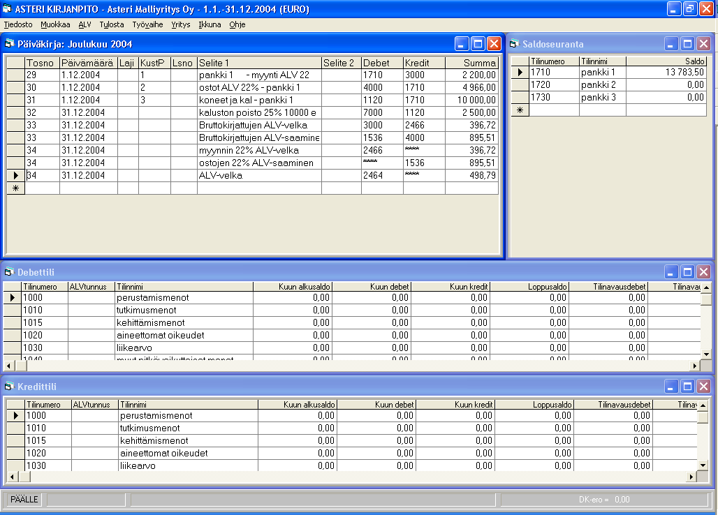 TOSITTEIDEN KIRJAUSTILA Tositteiden kirjaustila sisältää ohjelmiston pääikkunan ja sen sisällä useita työikkunoita: mm. päiväkirja, debettili, kredittili ja saldoseuranta.