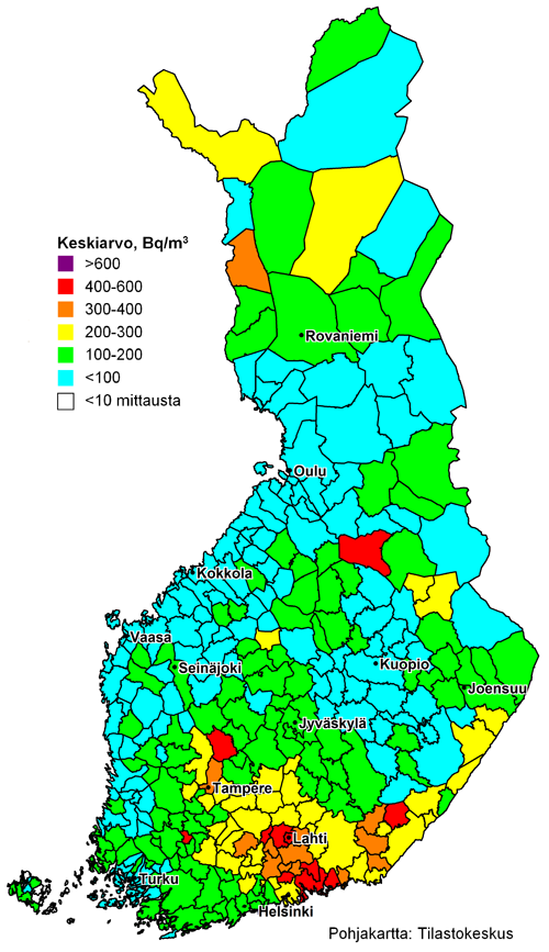 Kuva 2. Pientaloasuntojen radonpitoisuuden keskiarvo Suomen kunnissa.
