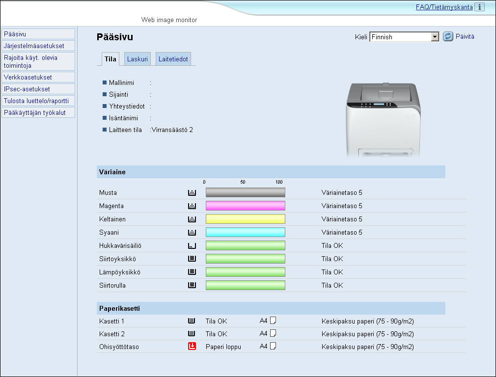 Pääsivun näyttäminen Pääsivun näyttäminen Tässä luvussa kerrotaan, miten Web Image Monitor ja sen pääsivu avataan. Web Image Monitorin pääsivun näyttäminen 1. Avaa selain. 2.