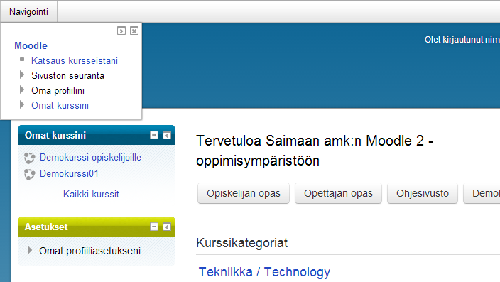 Navigointilohkosta voit mm. siirtyä omalle Moodle-kotisivullesi ja katsoa profiilisi tiedot.