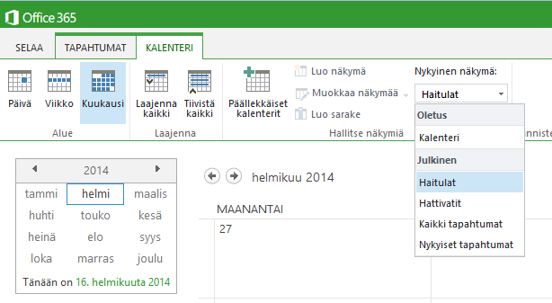 1. Kalenterin yleisnäkymä Kuukautta ja vuotta voi muuttaa vasemman reunan kalenterista Oikean yläkulman haulla voit hakea tapahtumia Tapahtumien tietoja pääset lukemaan klikkaamalla tapahtumaa 2.