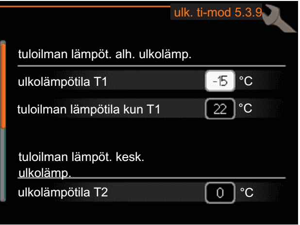 NIBE SAM 40 Tuloilmamoduuli Valikko 5.2 -järjestelmäasetukset Valitse: "ulk. ti-mod" Tuloilmalämpötilan asettaminen Aseta tuloilmalämpötila valikossa 5.3.9 (ulk. ti-mod).