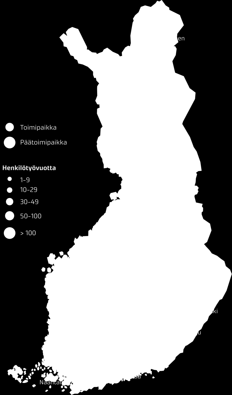 Toiminta kattaa koko Suomen Johto Viikissä Päätoimipaikkoja 4: Pk-seutu, Jokioinen, Joensuu, Oulu Toimimme maan eri osissa