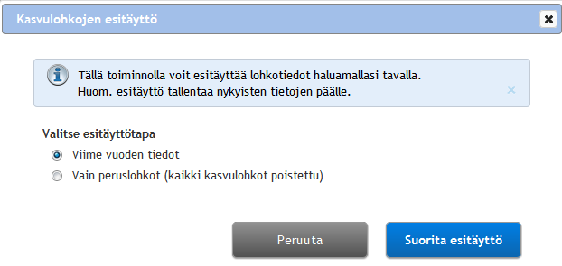 Päätukihakemuksen täyttäminen aloitetaan valitsemalla sähköisen asioinnin etusivulta Päätukihaku. 2.1 Ilmoita tiedot 2.1.1 Lohkotiedot Valinnan jälkeen valitaan ponnahdusikkunasta kasvulohkojen esitäyttö.