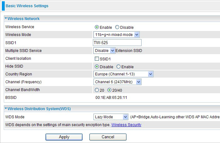 4.3.1 Basic-Basic Wireless Settings Wireless Network Wireless Service: Default setting is Enable. If you do not have any wireless, select Disable.