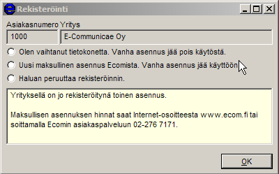 Se on aina vuodeksi eteenpäin. Painamalla OK-painiketta ohjelmiston rekisteröinti on suoritettu. Jos ohjelma ilmoittaa, että virheellinen tarkiste, on sekä syötetyt, että kerrotut arvot tarkistettava.