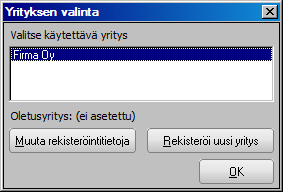 Yrityksen nimi-kenttään laitetaan yrityksen virallinen nimi. Rekisteröintikoodi-kenttään laitetaan Futursoftilta saatu rekisteröintikoodi.