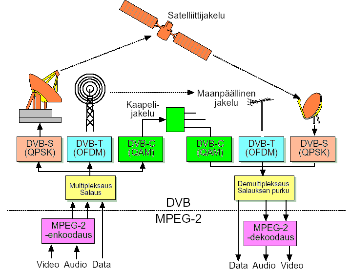 järjestelmät ( S = satellite, T = terrestial, C = cable ) eroavat toisistaan moduliontitekniikoiden osalta. Data on samanlaista, MPEG2 koodattua.