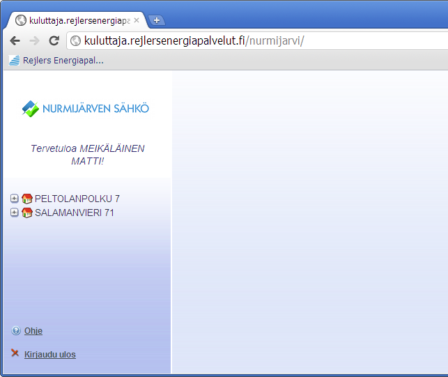 VENLA Nurmijärven Sähkön pienkuluttajapalvelu Ruudun sisältö kirjautumisen jälkeen