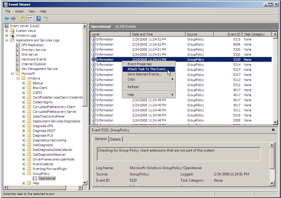 Windows Server 2008 KR TT Oulu - 9.12.2008 sivu 26(36) Event viewer on uudistunut perusteellisesti.