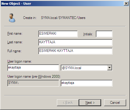 Käynnistä seuraavaksi, Start > All Programs > Administrative Tools > 9. Luodaan SYMA.local toimialueelle organisaatioyksikkö (OU) SYMANTEC, sekä vielä tälle omat OU:t, Computers ja Users.