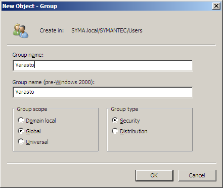 Luodaan ensiksi käyttäjäryhmät käynnistämällä hallintaohjelmisto, Start > All Programs > Administrative Tools > Active Directory Users and Computers 3. Valitse seuraavaksi SYMA.