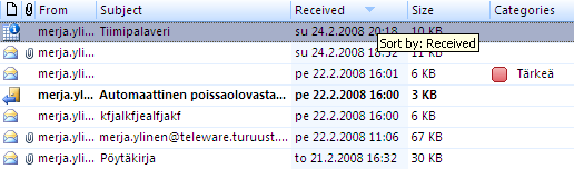 Viestien lajittelu Voit järjestää viestit haluamasi otsikkokentän mukaan napsauttamalla kyseistä kenttää hiirellä.