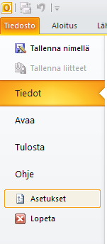 Outlook 2010 asetukset 1 / 3 Outlook 2010 sähköposti sovelluksen asetukset löytyvät Tiedosto Asetukset Tiedosto-välilehdeltä