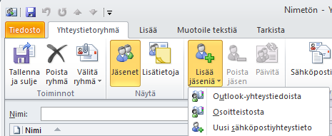 Yhteystietoryhmän luonti Aloita yhteystietoryhmän (jakelulista) luonti valitsemalla Yhteystiedoissa Aloitus Uusi Uusi yhteystietoryhmä Anna yhteystietoryhmälle nimi.