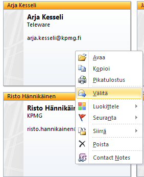 Osoitekortin lähettäminen edelleen Voit lähettää omia osoitekorttejasi muille Valitse osoitekortti / -tit jotka haluat lähettää ja napsauta hiiren kakkospainiketta Valitse Välitä.