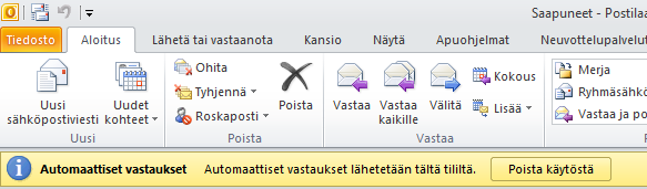 Automaattiset vastaukset 3 / 3 Jos määrittelit automaattisille vastauksille lähetysajan, se aktivoituu ja passivoituu automaattisesti Jos et määritellyt