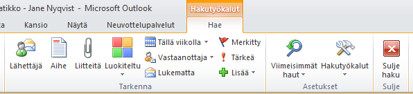 Pikahaku 2 / 2 Kun aktivoit haku-ruudun, aukeaa Hakutyökalut-välilehti Hakutyökalut Tarkenna ryhmässä voit tarkentaa hakua esim.