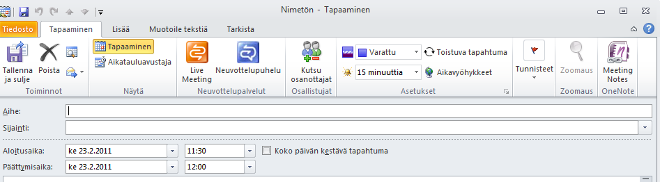 Kalenterimerkinnän tekeminen Aloita kalenterimerkinnän teko siirtymällä kalenteriin ja kaksoisnapsauttamalla hiirellä kalenterin oikeassa ajankohdassa