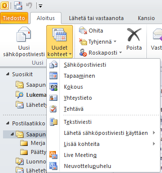 Kokouskutsu 3 / 3 Uuden kalenterimerkinnän voi tehdä myös suoraan sähköpostivälilehdeltä valitsemalla Aloitus Uudet kohteet Tapaaminen = avautuvaan