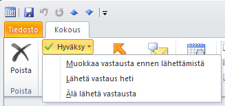 Kalenterikutsuun vastaaminen Kalenterikutsuun vastaat valitsemalla Hyväksy Alustava Hylkää Ehdota uutta aikaa Voit valita haluatko lähettää jonkin viestin (muokkaa vastausta ennen lähettämistä) ennen