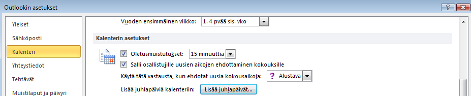 Juhlapäivien näkyminen kalenterissa Juhlapäivät saa lisättyä kalenteriin valitsemalla Tiedosto Asetukset Kalenteri