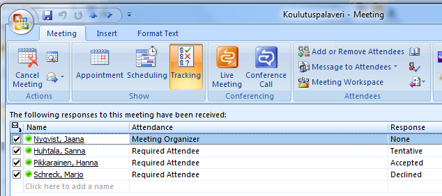 Lähetetyn kalenterikutsun seuranta Pystyt seuraamaan vastausten tilannetta kahdella eri tavalla Kun joku lähettää sinulle hyväksynnän / hylkäyksen