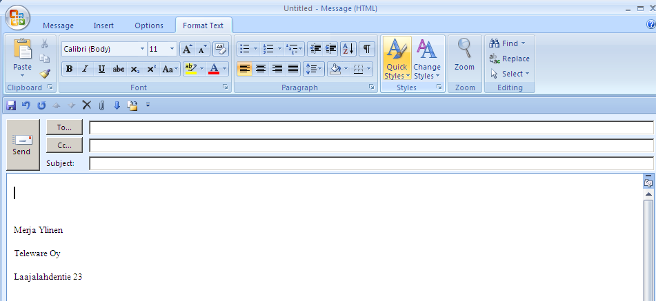 Tekstin muotoilu Outlook 2007 käyttää tekstin muotoilussa Wordin