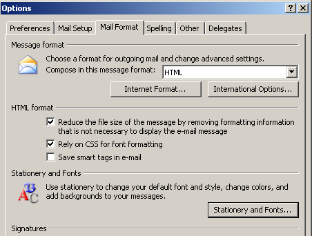 Oletus tekstityylien muotoilu Valitse Tools / Työkalut Options / Asetukset Mail Format /