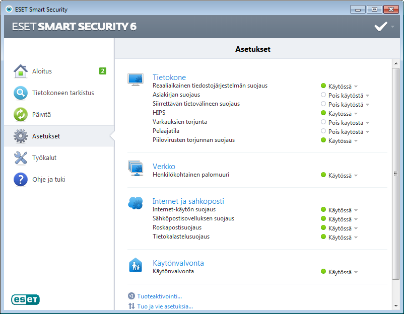 4. Ohjelman ESET Smart Security käyttäminen Ohjelman ESET Smart Security asetusten avulla voit säätää tietokoneesi ja verkkosi suojaustasoja.