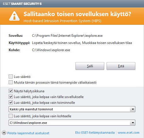 Seuraavassa esimerkissä esitämme, miten sovellusten haitallista toimintaa voi rajoittaa: 1. Nimeä sääntö ja valitse avattavasta Toimenpide-valikosta Estä. 2. Avaa Kohdesovellukset-välilehti.