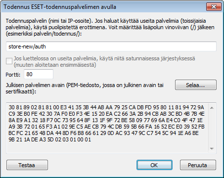 Kun haluat testata asetukset, napsauta Testaa-painiketta. Jos todennus onnistuu, näyttöön tulee Palvelimen todennus onnistui -ilmoitus.