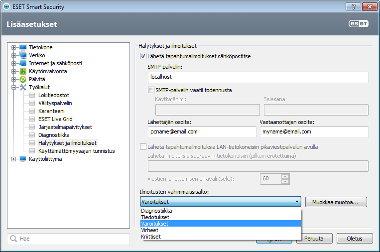 4.6.11 Hälytykset ja ilmoitukset ESET Smart Security tukee sähköpostien lähettämistä, jos valitun vähimmäissisällön mukainen tapahtuma ilmenee.