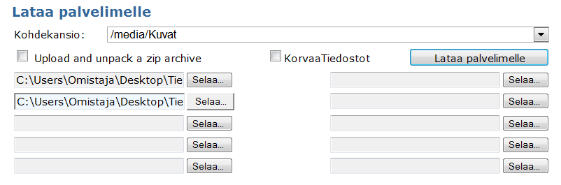 Tiedostojen lisääminen palvelimelle 1. Klikkaa välilehteä 2. Paina painiketta sivun alalaidassa ja valitse tiedosto tietokoneeltasi 3. Valitse kohdekansio, esim.