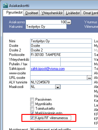 RF-viitenumero Versiossa on mahdollista ottaa asiakaskohtaisesti käyttöön RF-viitenumero myyntilaskuille Toiminto aktivoidaan asiakaskohtaisesti