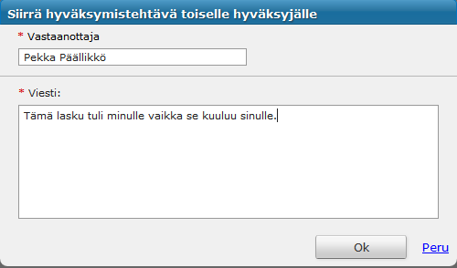 1.6.3 Siirrä Laskun voi siirtää toiselle käyttäjälle esimerkiksi jos lasku on tullut väärälle henkilölle. 1.6.4 Lisää tarkastaja Kierrätyslistalle voi lisätä yhden henkilön tarkastajaksi.