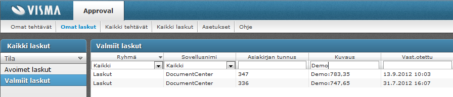 1.7 Omat laskut -välilehti Omat laskut -välilehdellä voidaan katsella käyttäjän avoimia ja valmiita laskuja, joissa