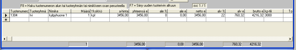 RESEPTITUOTTEET Esimerkiksi kylpyhuone 1 -niminen tuotepaketti koostuu erilaisista kaapeista, laatikostosta, tasosta, altaasta ja hanasta: Kun syötät